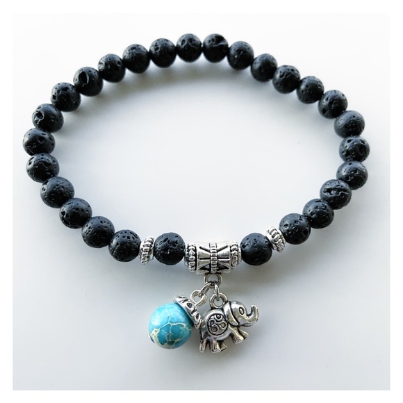🔴 Lava rock bead bracelet elephant charm and dangly blue jasper gemstone - Picture 3 of 9
